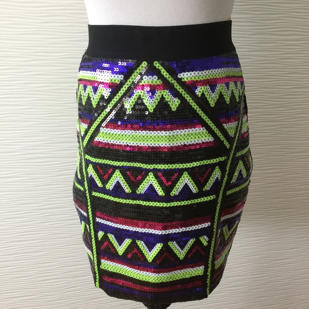 Bebe Electric Tribal Sequin Skirt